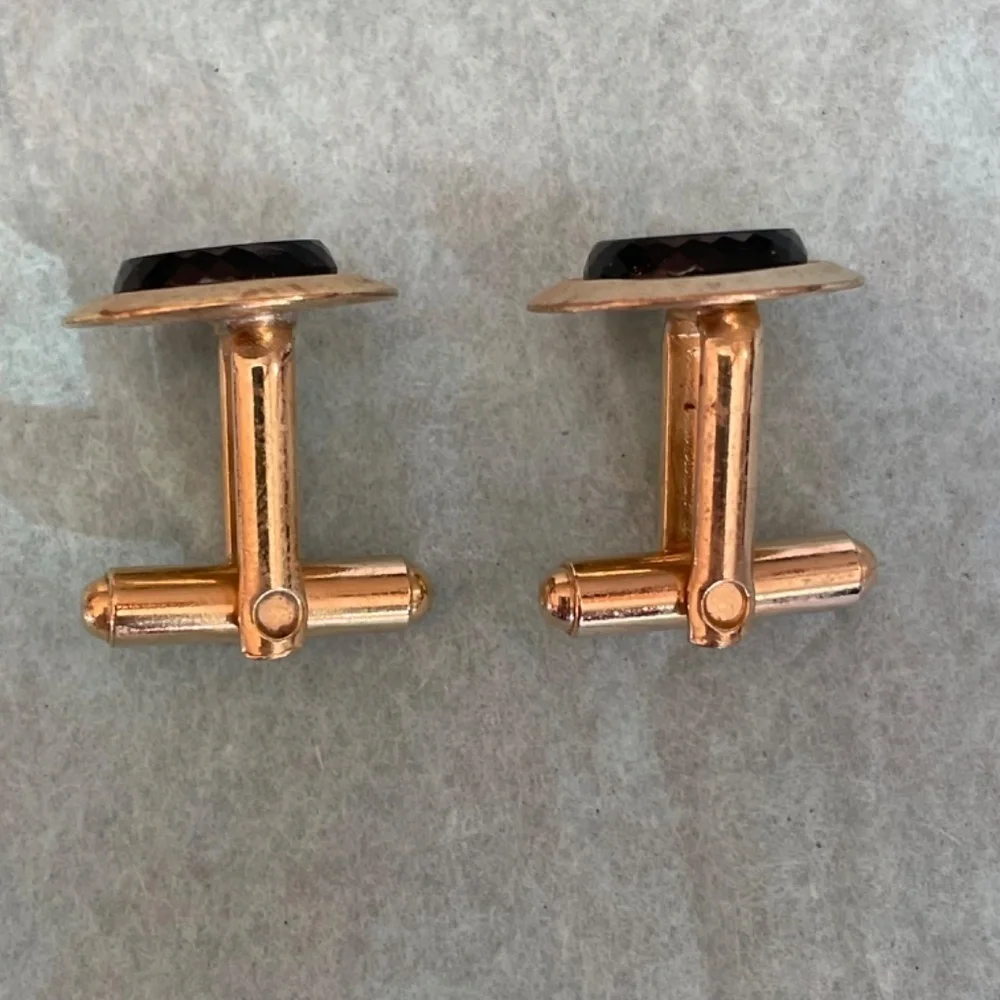 VTG Cuff Links Rose Gold Coloring Black Center with Clear Stone‎ Chip Middle